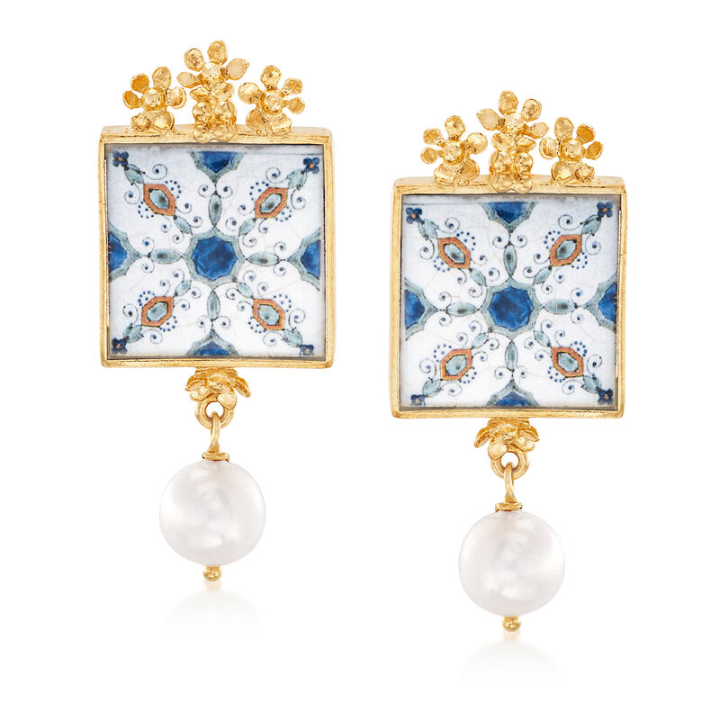 Italian 9mm Cultured Pearl Majolica Tile Drop Earrings in 18kt Gold Over Sterling image number 0