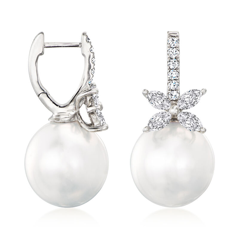 13-14mm Cultured South Sea Pearl and .96 ct. t.w. Diamond Flower Drop Earrings in 18kt White Gold  image number 2