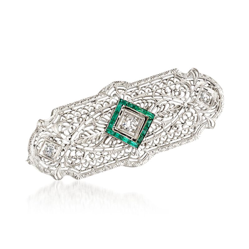 C. 1950 Vintage .20 ct. t.w. Synthetic Emerald and .25 ct. t.w. Diamond Pin Pendant Necklace in 14kt White Gold. 22&quot; image number 2