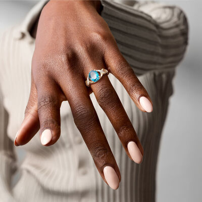 C. 1980 Vintage 3.35 Carat London Blue Topaz Ring with Diamonds in 10kt Two-Tone Gold