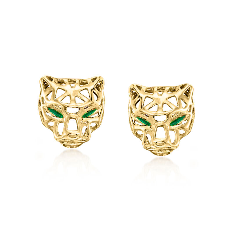 C. 2000 Vintage 14kt Yellow Gold Panther Earrings with Green Enamel image number 0