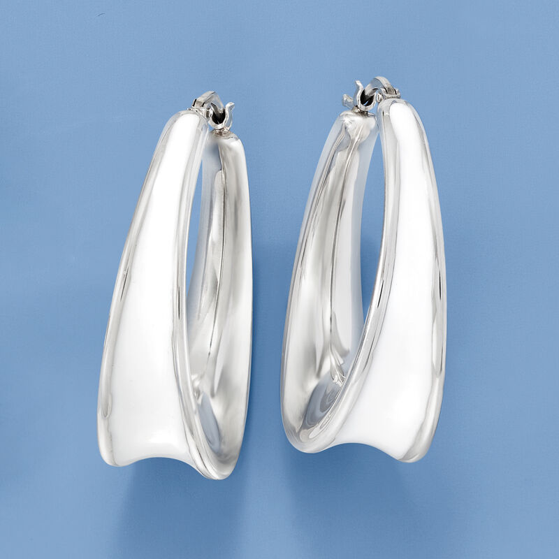 Italian White Enamel Hoop Earrings in Sterling Silver. 1 3/8&quot; image number 3