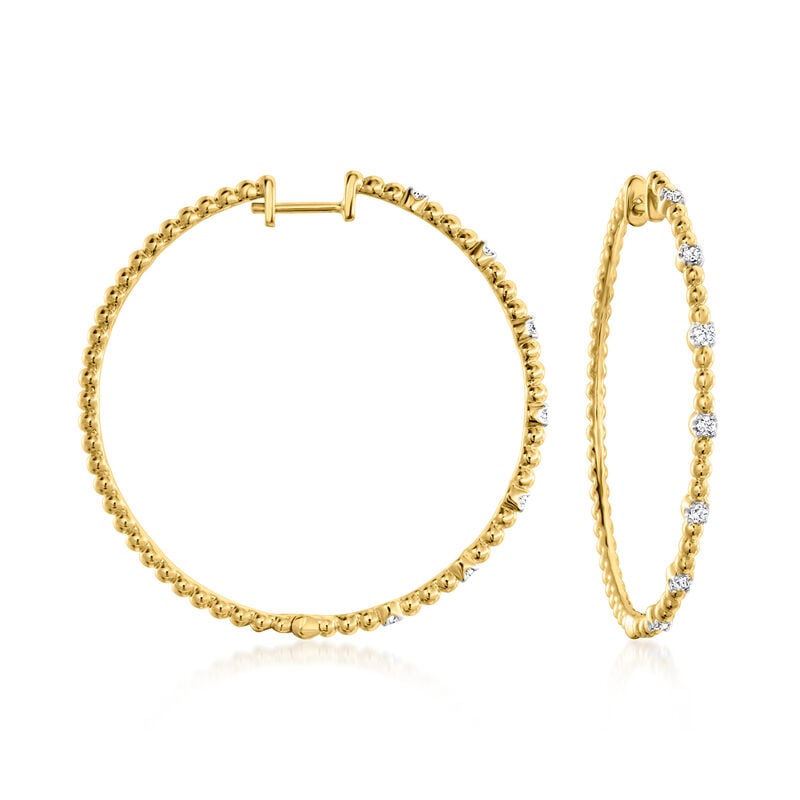 .25 ct. t.w. Diamond Station Beaded Hoop Earrings in 18kt Gold Over Sterling. 1 1/2" image number 0