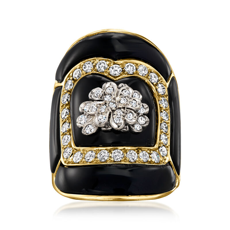 C. 1980 Vintage Onyx and 1.15 ct. t.w. Diamond Floral Ring in 18kt Yellow Gold. Size 6.5 image number 0