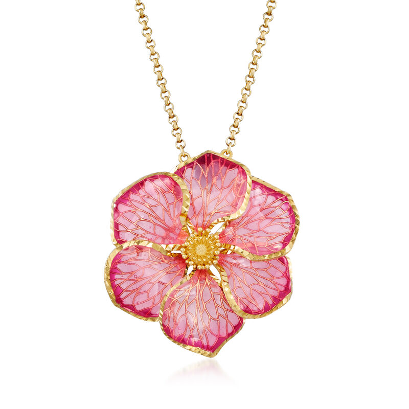 Italian 18kt Gold Over Sterling Pink Enamel Flower Pendant Necklace image number 0