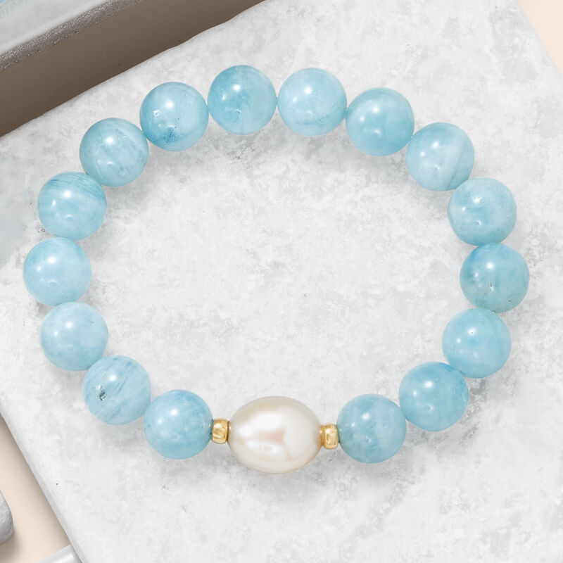 12-13mm Cultured Baroque Pearl and 140.00 ct. t.w. Aquamarine Bead Stretch Bracelet with 14kt Yellow Gold. Adjustable Size image number 2
