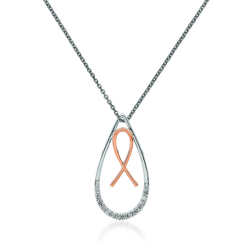 Diamond-Accented Breast Cancer Awareness Ribbon in Teardrop Pendant Necklace in 14kt Two-Tone Gold. 18&quot; image number 0