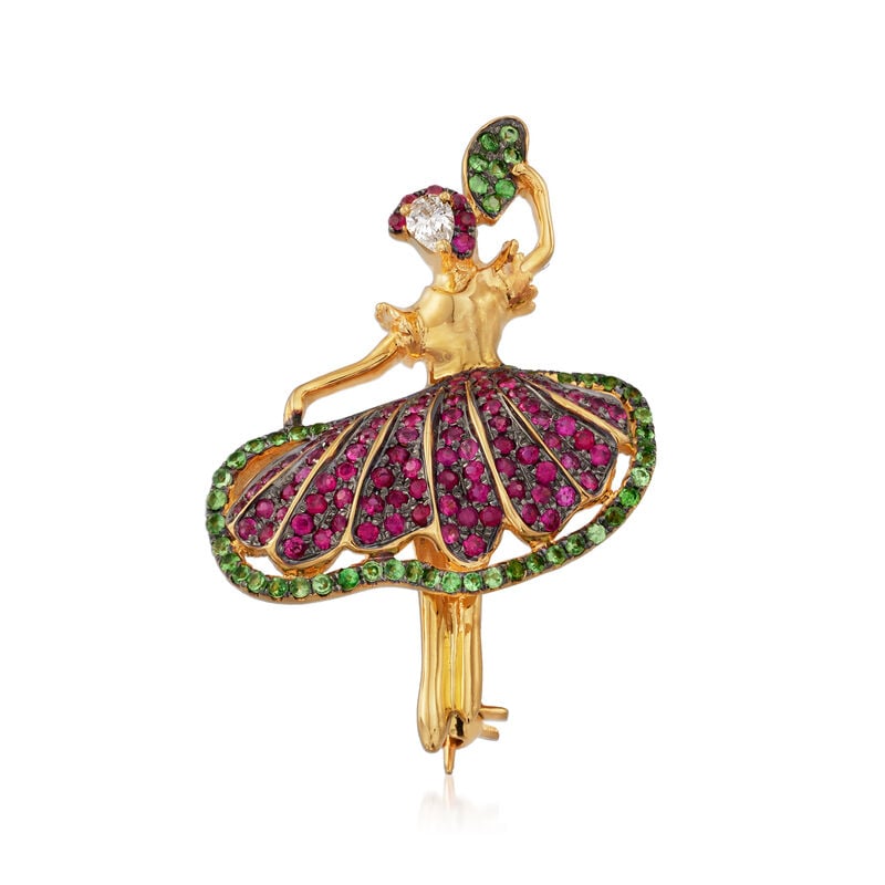 .70 ct. t.w. Ruby and .30 ct. t.w. Tsavorite Ballerina Pin in 18kt Yellow Gold image number 0