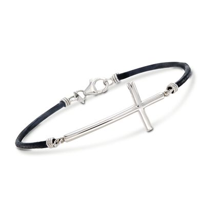 Sterling Silver and Black Leather Sideways Cross Bracelet