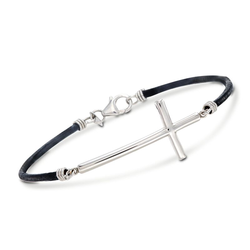 Sterling Silver and Black Leather Sideways Cross Bracelet image number 0