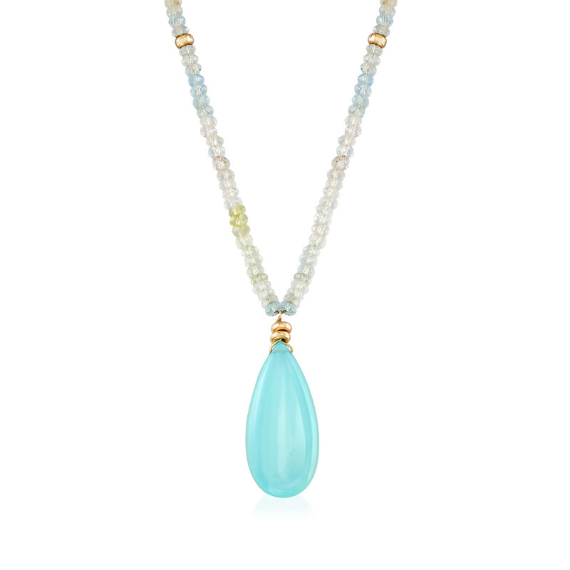 C. 1980 Vintage 27x12mm Chalcedony and Blue Topaz Bead Necklace in 14kt Yellow Gold image number 0