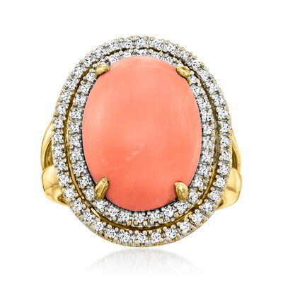 C. 1980 Vintage Coral Ring with .35 ct. t.w. Diamonds in 14kt Yellow Gold