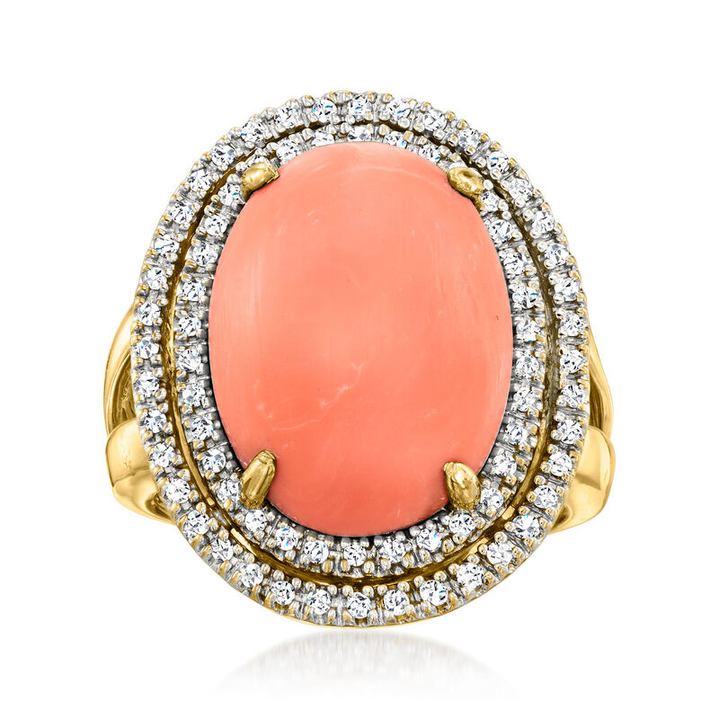 C. 1980 Vintage Coral Ring with .35 ct. t.w. Diamonds in 14kt Yellow Gold. Size 7 image number 0