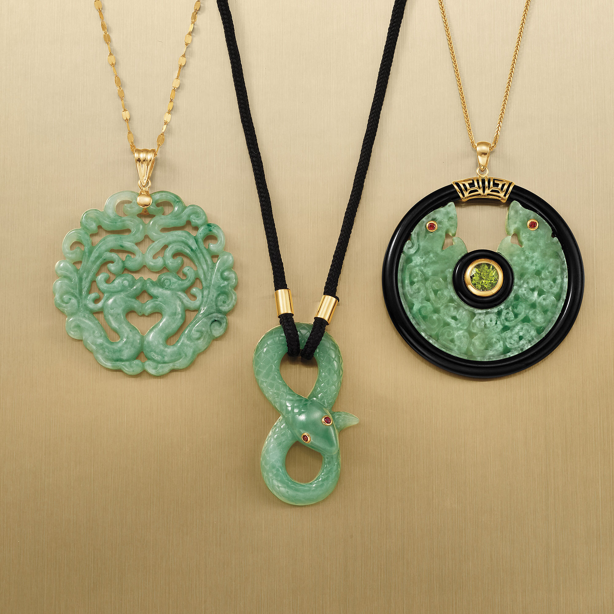 42x21mm Carved Jade Snake Necklace with 14kt Yellow Gold