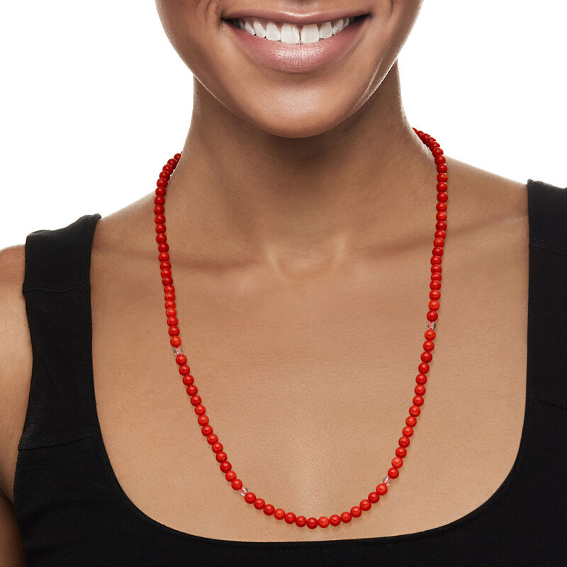 C. 1990 Vintage Red Coral and Rock Crystal Bead Necklace with 14kt Yellow Gold. 23&quot; image number 1
