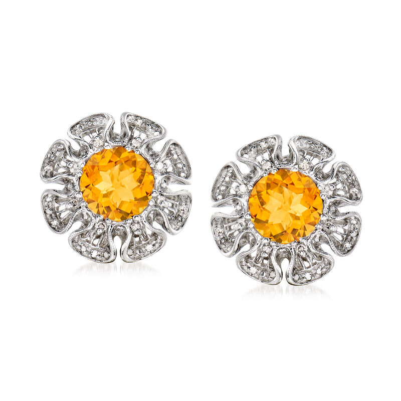 C. 1990 Vintage 6.00 ct. t.w. Citrine and .25 ct. t.w. Diamond Flower Earrings in 14kt White Gold image number 0