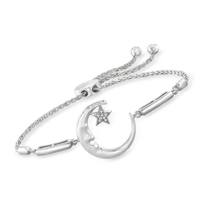 Diamond &quot;Love You to the Moon and Back&quot; Star and Moon Bolo Bracelet in Sterling Silver image number 0