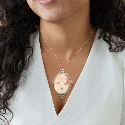 C. 1960 Vintage Brown Shell Cameo Pin/Pendant with .12 Carat Diamond in 14kt White Gold