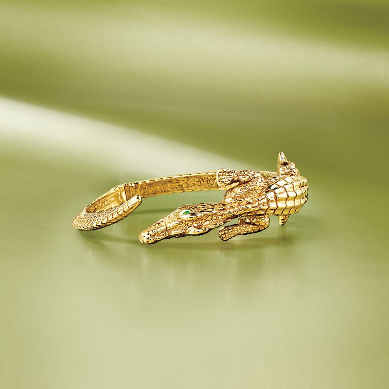 Italian 18kt Gold Over Sterling Alligator Bypass Bangle Bracelet with Emerald Accents image number 3