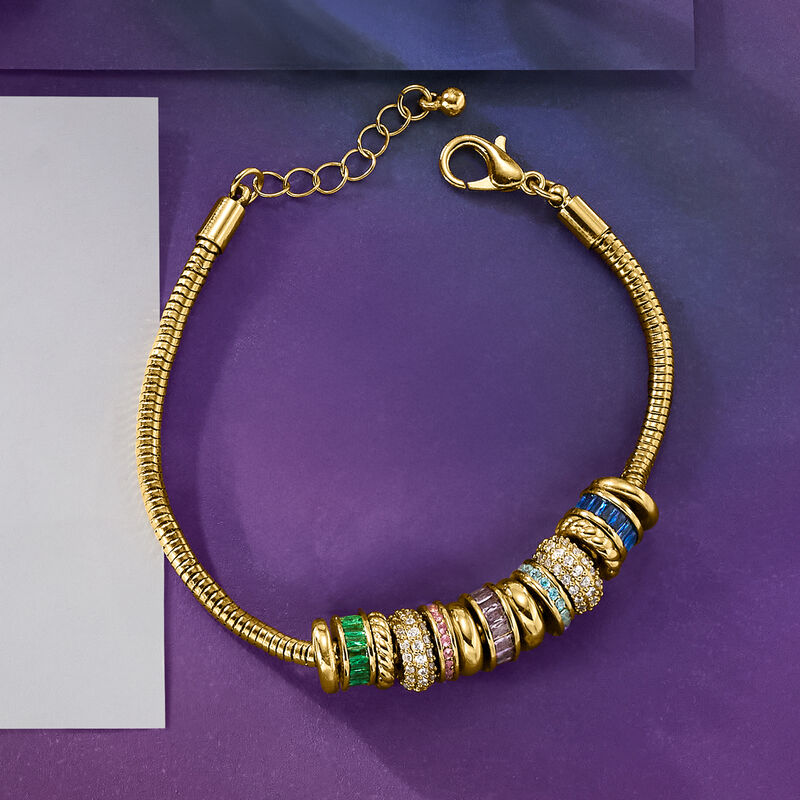 14kt Yellow Gold-Plated Bead Charm Bracelet with Simulated Multicolored Gemstones. 7" image number 3