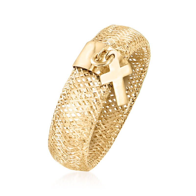 Italian 14kt Yellow Gold Cross Charm Mesh Ring image number 2