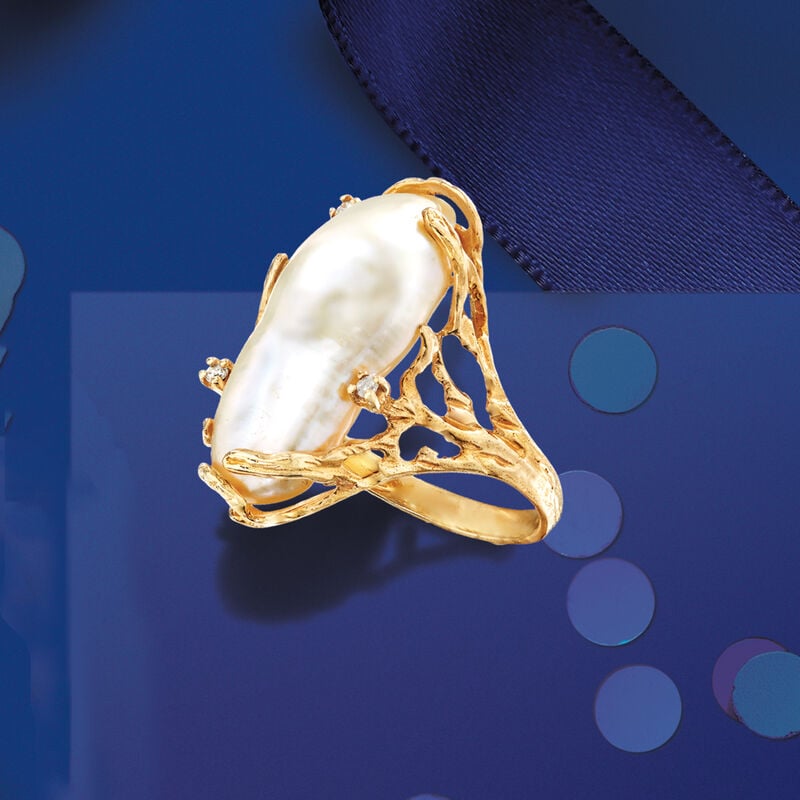 10x24mm Cultured Baroque Pearl Ring with Diamonds in 14kt Yellow Gold image number 4