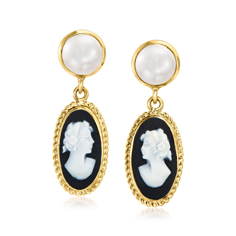 Italian 7.5-8mm Cultured Pearl and Porcelain Cameo Drop Earrings in 18kt Gold Over Sterling  image number 0
