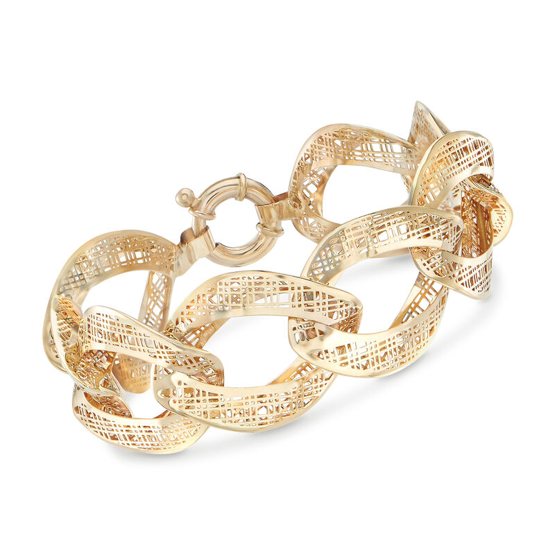 Italian 14kt Yellow Gold Tartan Cut-Out Link Bracelet. 7&quot; image number 0