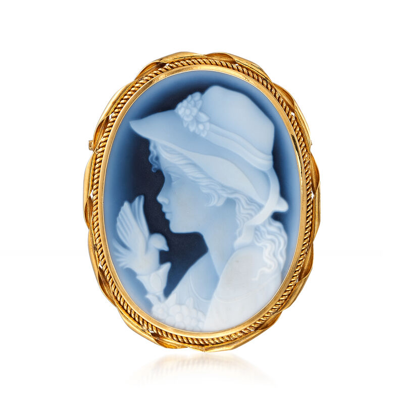 C. 1970 Vintage Blue Agate Cameo Pin Pendant in 18kt Yellow Gold image number 2