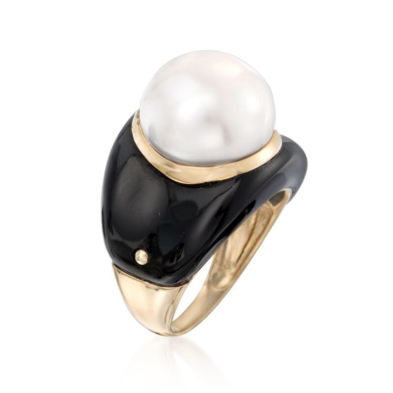 13.5mm Cultured Pearl and Black Agate Ring in 14kt Yellow Gold. Size 5 image number 2