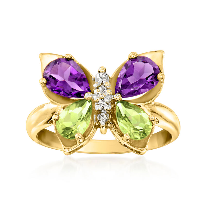 C. 2000 Vintage 1.30 ct. t.w. Amethyst and .90 ct. t.w. Peridot Butterfly Ring with Diamonds in 10kt Yellow Gold. Size 7 image number 0