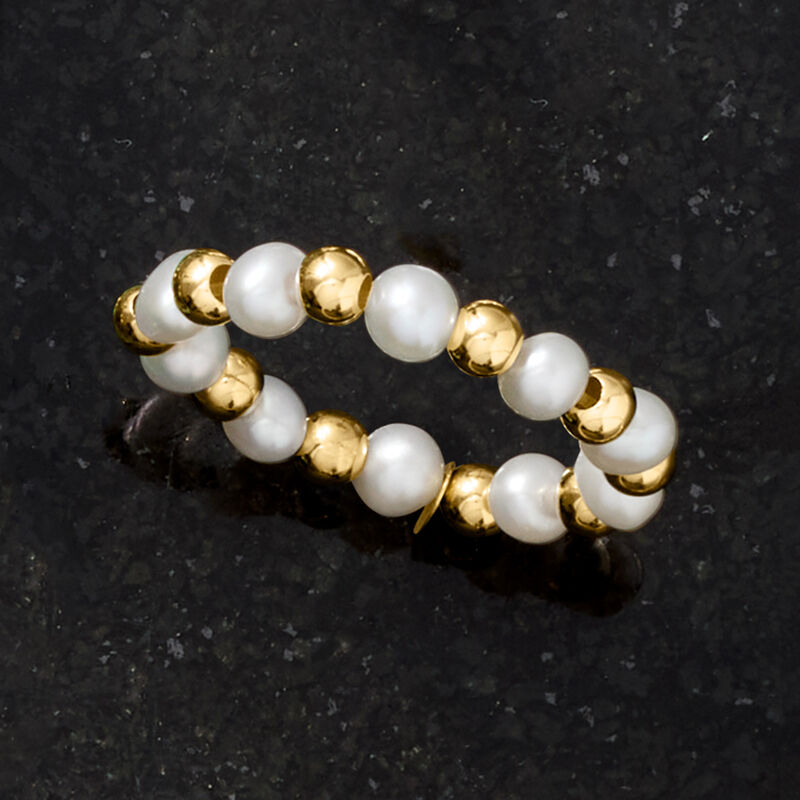 3-3.5mm Cultured Pearl and 14kt Yellow Gold Bead Stretch Ring. Small (5 - 6) image number 3