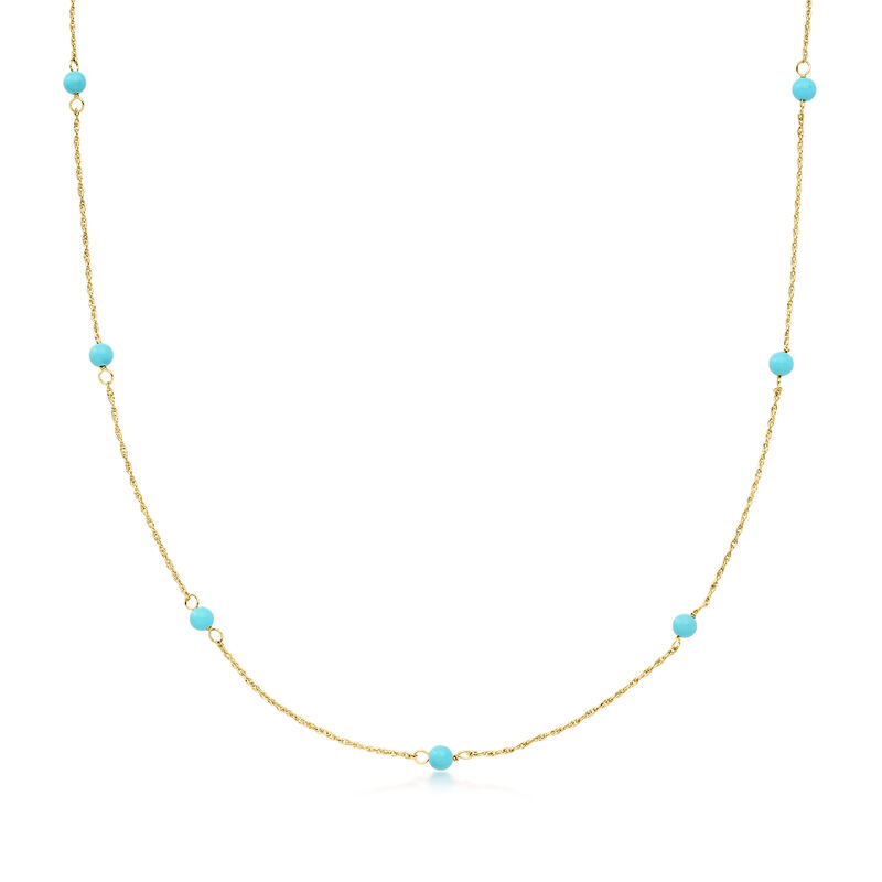 C. 2000 Vintage 4mm Simulated Turquoise Bead Station Necklace in 14kt Yellow Gold. 15" image number 0