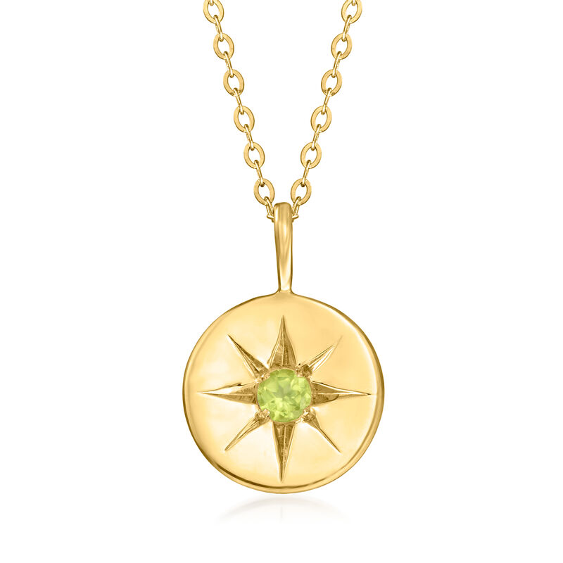 August/Peridot - Birthstone Star Disc Pendant Necklace in 14kt Yellow Gold. 16" image number 0