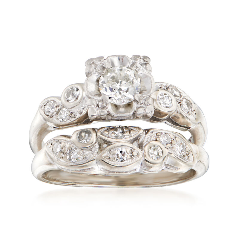C. 1960 Vintage .47 ct. t.w. Diamond Bridal Set: Engagement and Wedding Rings in 14kt White Gold image number 0