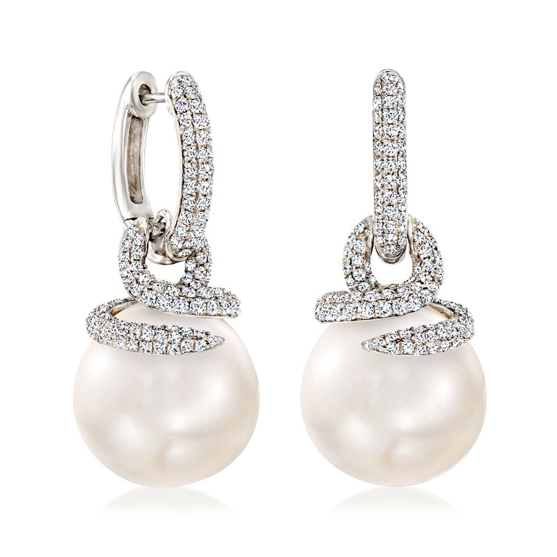 14-15mm Cultured South Sea Pearl and 1.50 ct. t.w. Diamond Hoop Drop Earrings in 18kt White Gold. 1 1/8&quot; image number 0