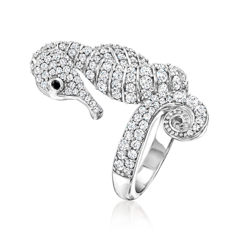 2.00 ct. t.w. White Zircon Seahorse Ring with Single Black Spinel in Sterling Silver image number 2