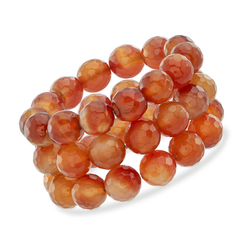 14mm Orange Agate Bead Set: Three Stretch Bracelets. 7&quot; image number 0