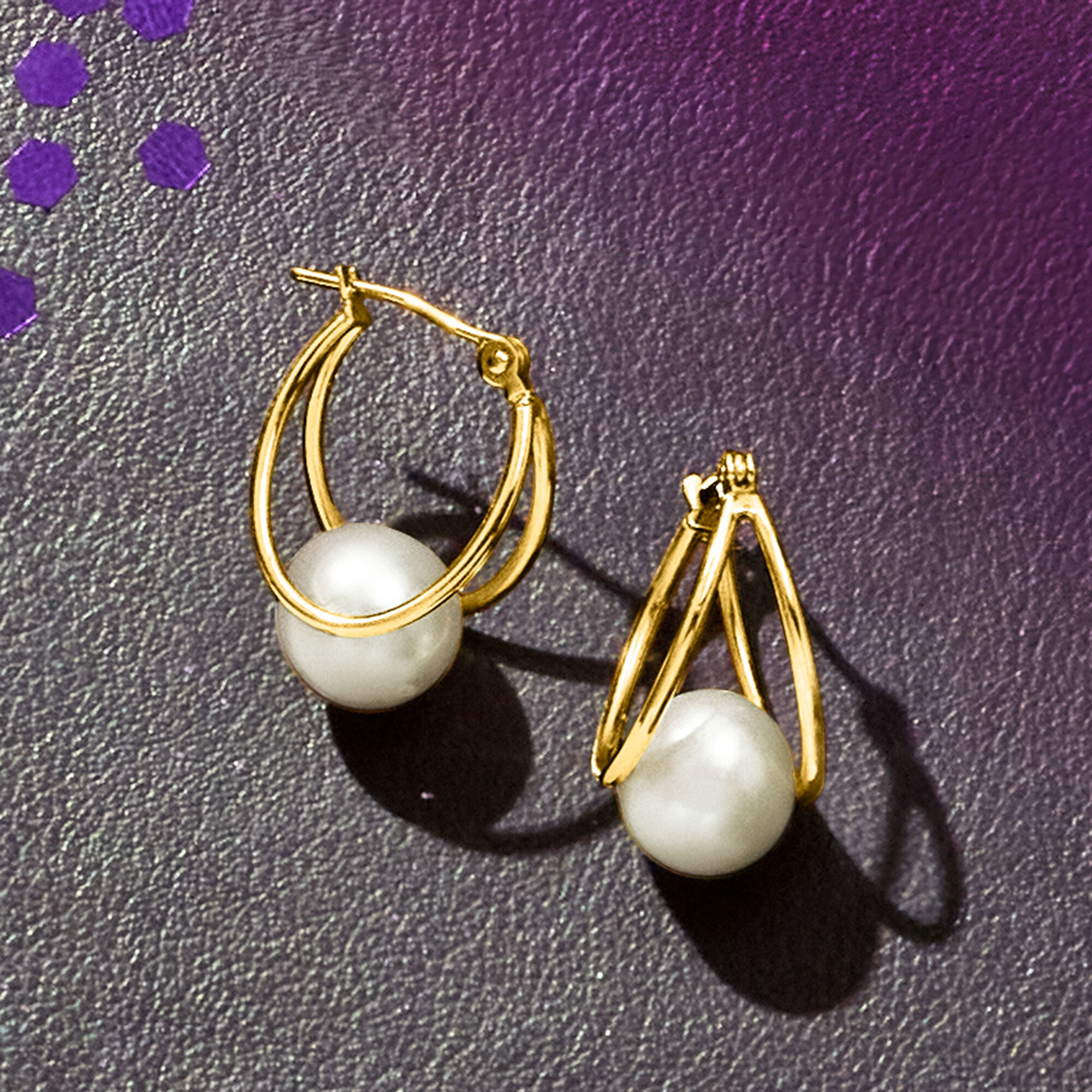 8 9mm Cultured Pearl Double Hoop Earrings in 14kt Yellow Gold. 3 4