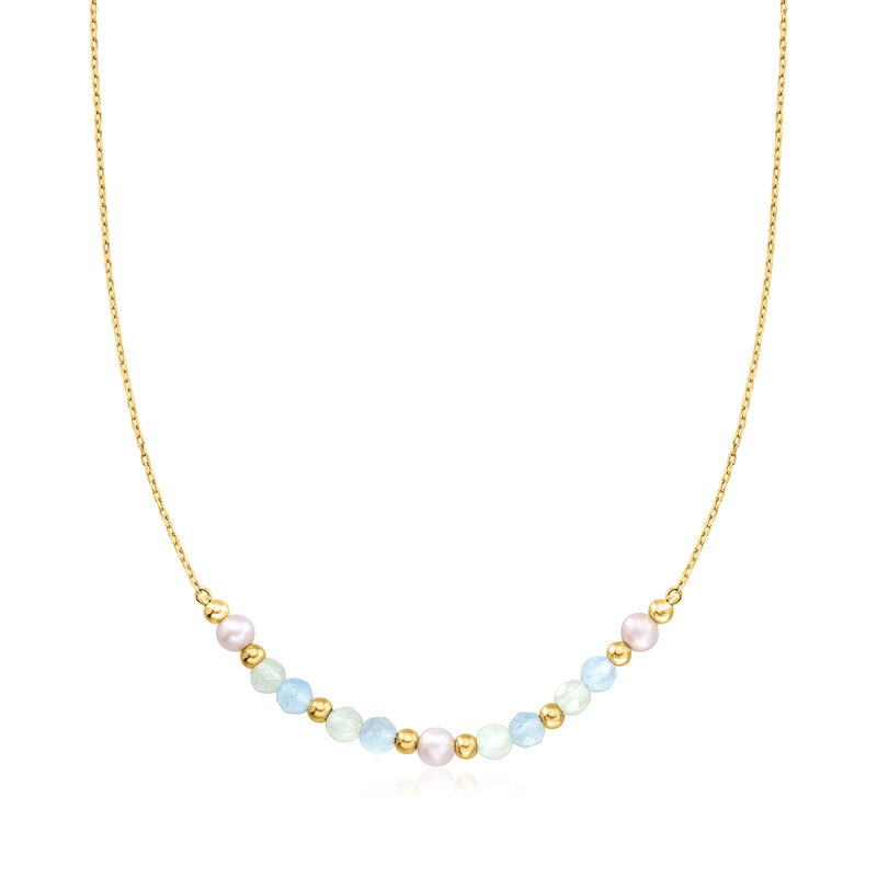 1.80 ct. t.w. Aquamarine and 4-4.5mm Prehnite Bead Station Necklace with 4.5-5mm Cultured Pearls in 18kt Gold Over Sterling image number 0