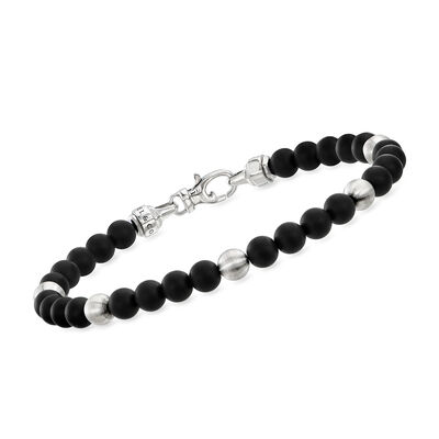 Gabriel Designs Men's 6mm Black Titanium Bead Bracelet with Sterling Silver