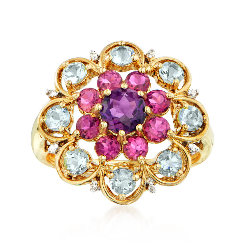 C. 1990 Vintage 2.15 ct. t.w. Multi-Gemstone Flower Ring in 14kt Yellow Gold image number 0