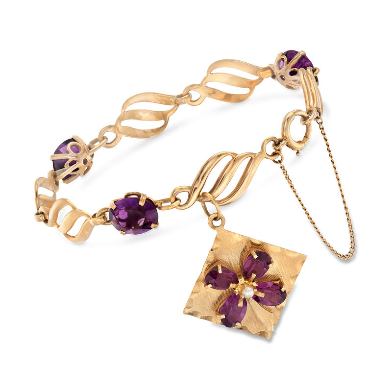 C. 1960 Vintage Amethyst Bracelet with Pearl in 14kt Yellow Gold. 7&quot; image number 0