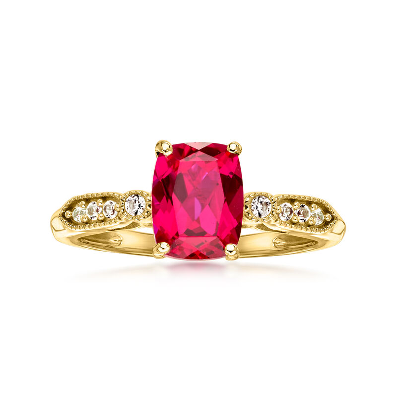 2.10 Carat Lab-Grown Ruby Ring with .10 ct. t.w. Lab-Grown White Sapphires in 10kt Yellow Gold image number 0