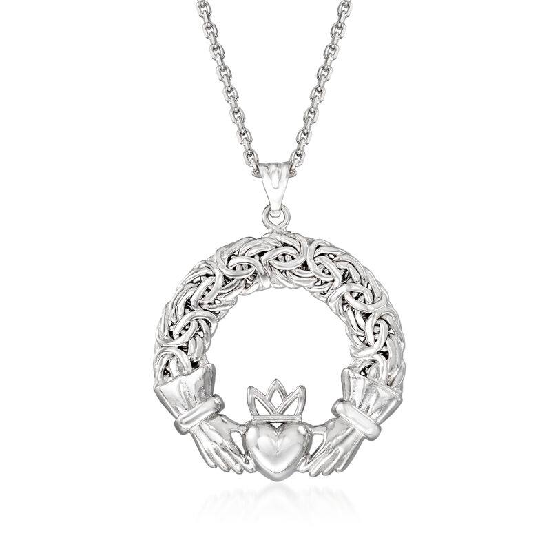 Sterling Silver Byzantine Claddagh Pendant Necklace. 18&quot; image number 1