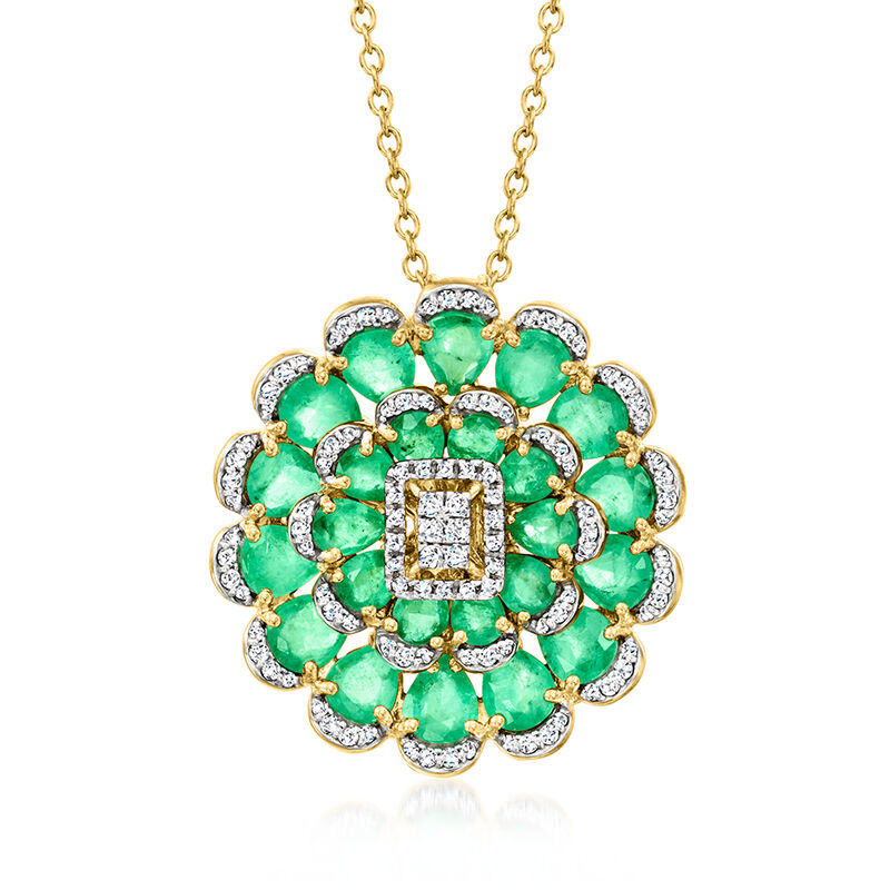 4.90 ct. t.w. Emerald and .50 ct. t.w. White Topaz Flower Necklace in 18kt Gold Over Sterling. 18&quot; image number 1