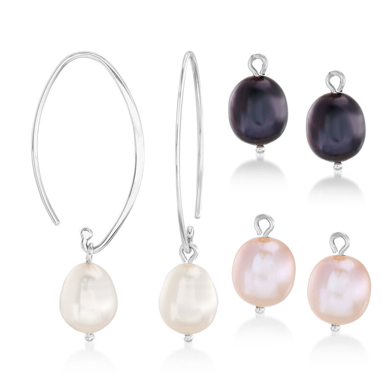 10x8mm Multicolored Cultured Pearl Interchangeable Drop Earrings in Sterling Silver image number 0