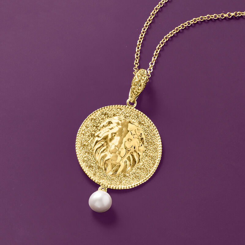 8-8.5mm Cultured Pearl and Lion Medallion Pendant Necklace in 18kt Gold Over Sterling. 18" image number 2