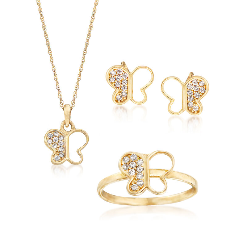 .80 ct. t.w. CZ Children's Jewelry Set: Butterfly Necklace, Earrings and Ring in 14kt Yellow Gold image number 0