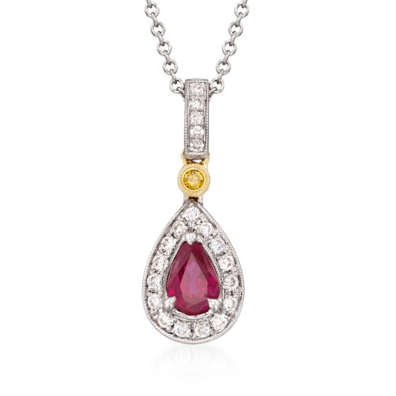 .50 Carat Ruby and .16 ct. t.w. Yellow and White Diamond Pendant Necklace in 18kt Two-Tone Gold. 18&quot; image number 1